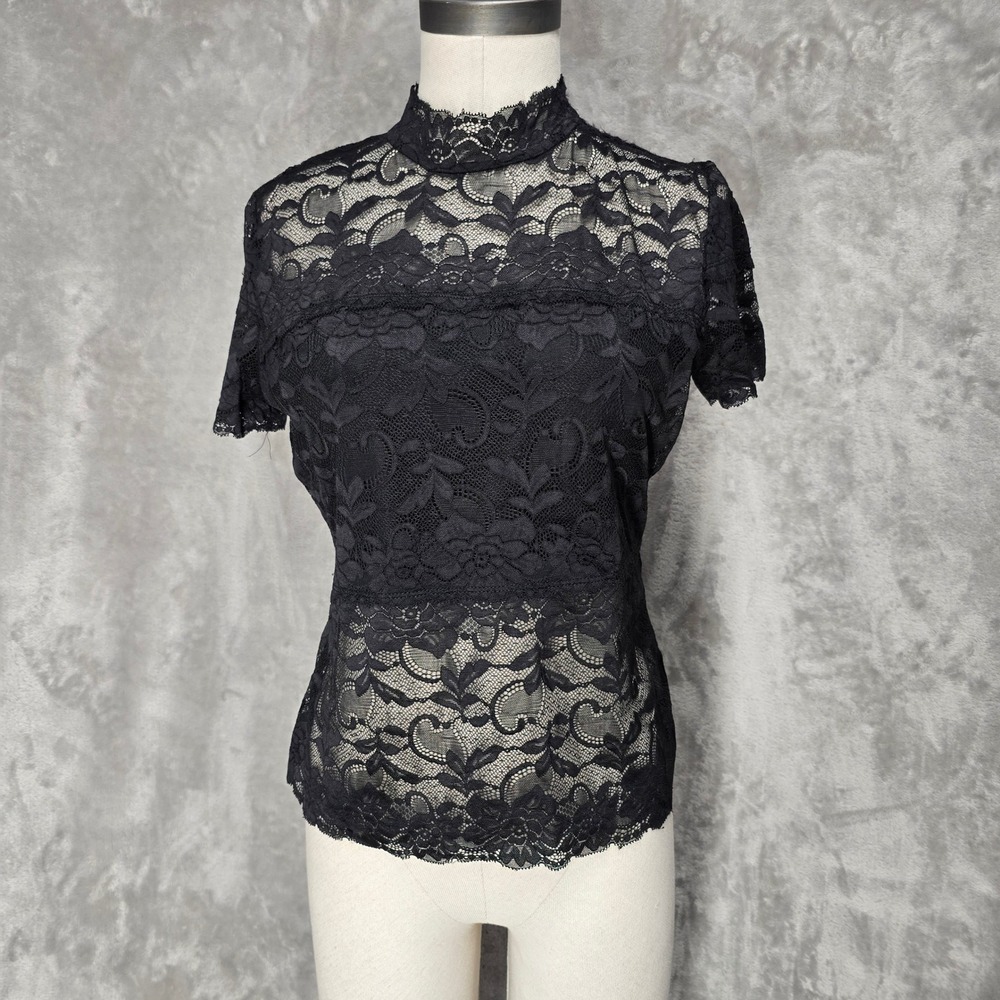 Guess Lace Top Women L Black Mock Neck Short Sleeve Floral Sheer Victorian Goth